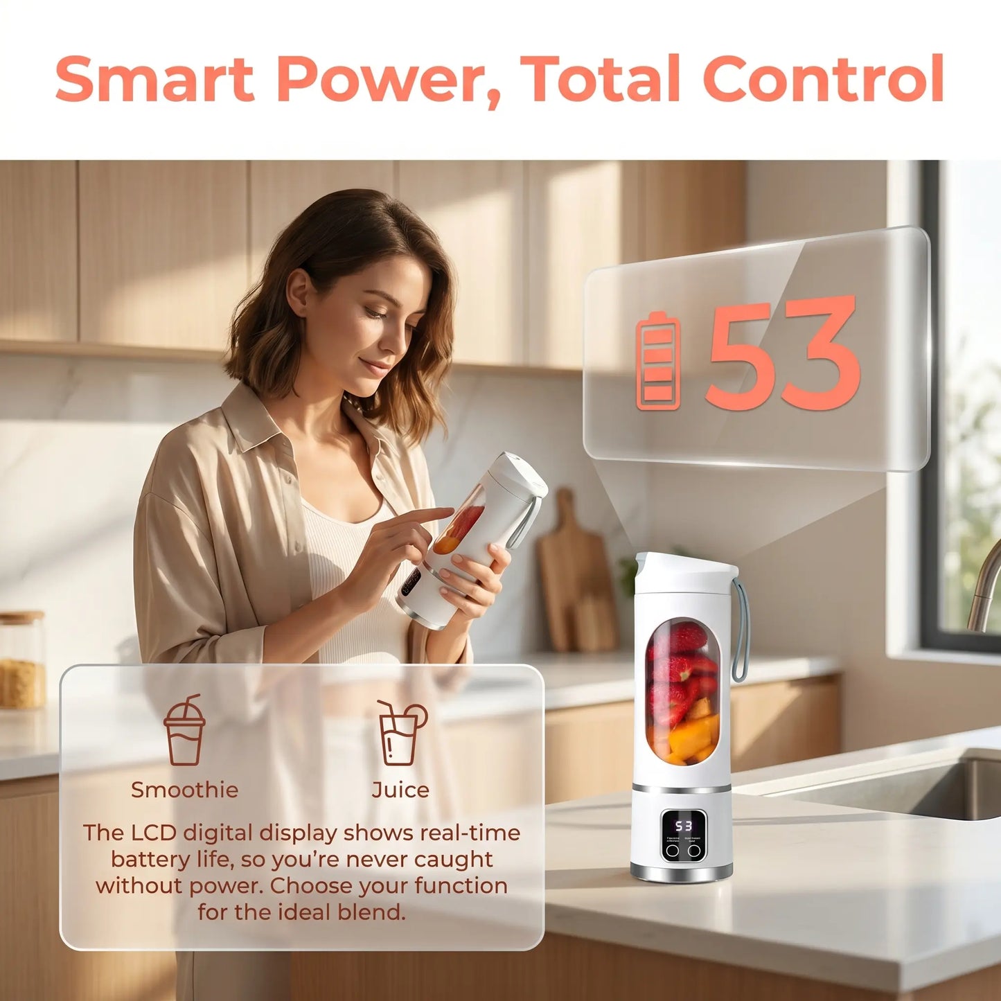 [Dealsforyoudays] Portable 15.22 Oz USB Rechargeable Personal Blender with LED Display, Durable Abs Material, Perfect for Smoothies & Juices, Home Kitchen Essential